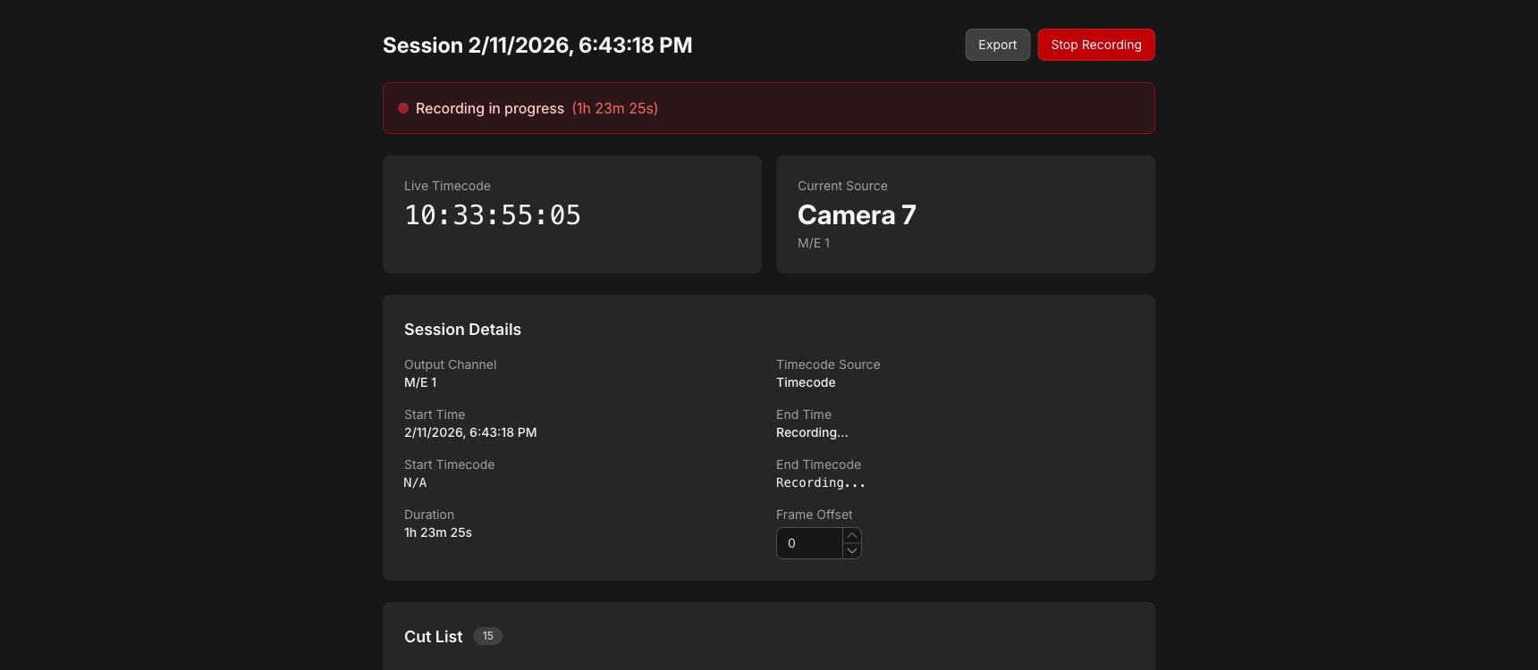 Pixelrush recording session with live timecode and cut list