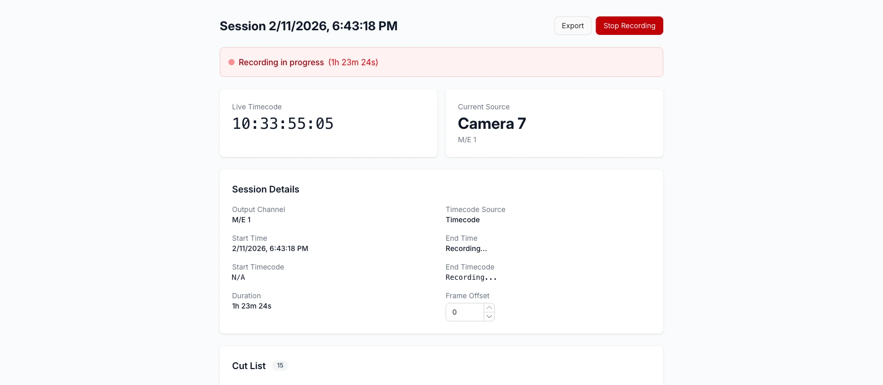 Pixelrush recording session with live timecode and cut list
